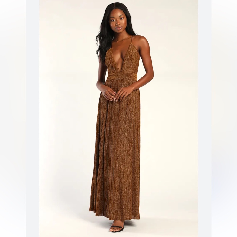 Lulu's Magical Looks Gold Sparkly Pleated Maxi Dress Sz S